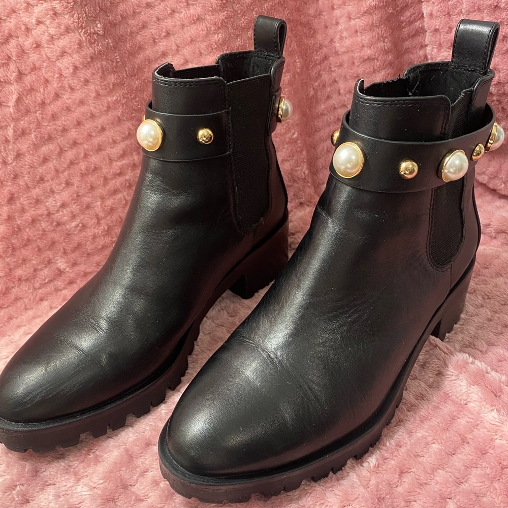 Karl Lagerfeld Paris Gold/Pearl accented black boots